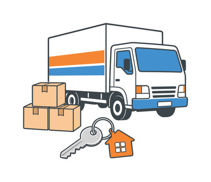Moving truck with boxes and house key symbolizing relocation and new home ownership