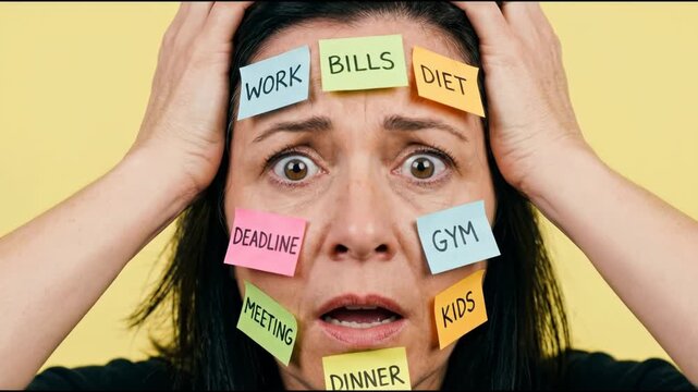 Stressful Overload Woman with Sticky Notes on Face Overwhelmed by Tasks and Responsibilities Portraying Modern Life Demands