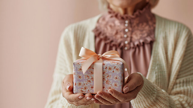 Woman holding a beautifully wrapped floral gift box with soft pastel ribbon, perfect for Mother's Day, birthdays and special celebrations