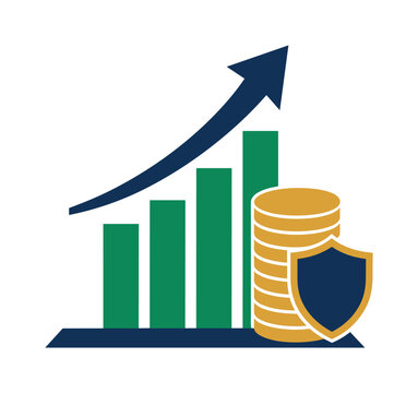 Financial growth and security represented by a rising graph and coins with shield