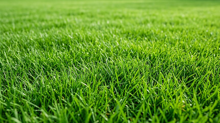 Obraz premium Close-up of fresh green grass texture in sunlight. Vibrant lawn background for eco-friendly and nature-themed designs.