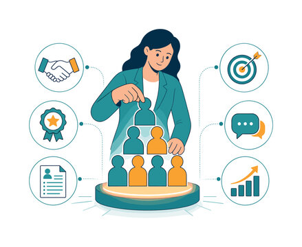 Woman selecting a person from a pyramid of figures representing team building