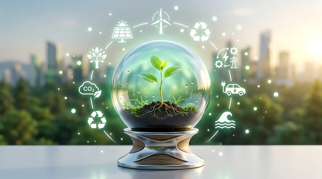 Sustainable city growth with eco-friendly technology. Green globe symbolizing environmental protection and urban innovation.