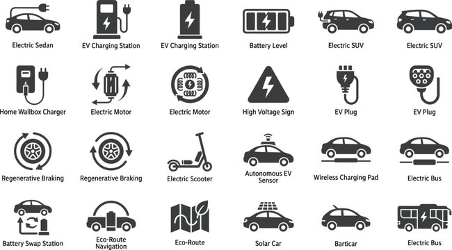 Electric vehicle and EV charging station silhouette icons set featuring flat vector signs of battery power motor and eco carsElectric vehicle and EV charging station silhouette icons set featuring fla