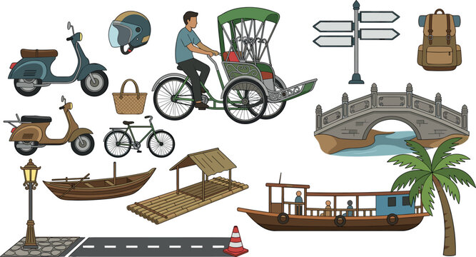 Traditional Vietnamese transportation and city transit vector clip art set featuring cyclo rickshaw motorbikes boats and stone bridge.