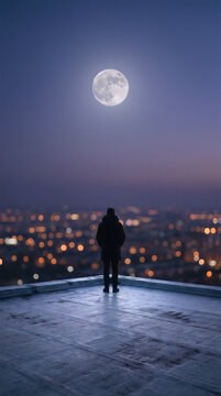 A lonely person standing on a rooftop looking at the moon and city lights at night