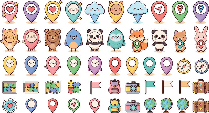 Adorable cartoon character navigation map pins collection with panda fox rabbit bear birds flags backpacks and whimsical adventure elements,