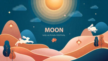 Colorful Mid-Autumn Festival banner, poster, or cover featuring rabbits, a full moon, and an abstract background. Includes lanterns, trees, and a gradient fill. translation Happy Mid-Autumn Festival © Riva