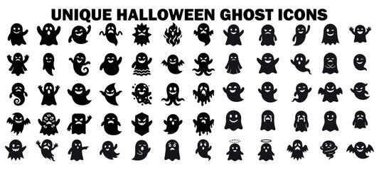 Obraz premium Halloween Ghost Icon Set Cute Spooky Cartoon Spirit Vector Collection