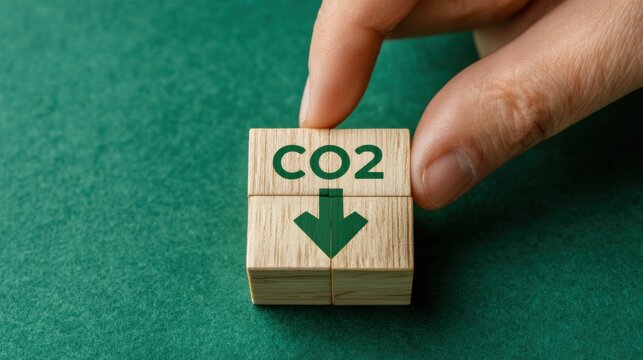 A hand places wooden blocks on a green surface displaying "CO2" with a downward arrow, symbolizing the reduction of carbon dioxide emissions.