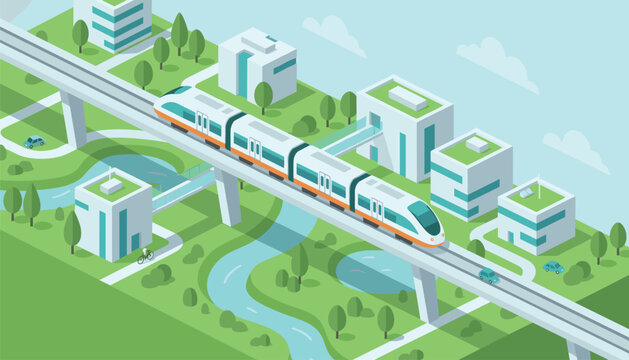 Isometric vector illustration of a modern eco-friendly city featuring a high speed passenger train traveling on an elevated monorail track.