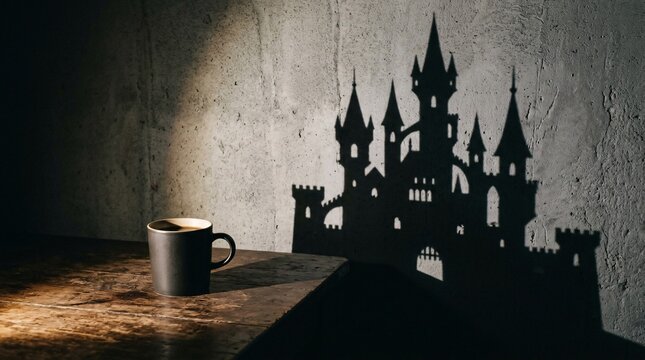 A single gray ceramic mug sits upon a rustic wooden table while casting an intricate shadow of a medieval fortress against a textured concrete wall