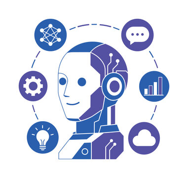 Artificial intelligence robot head with surrounding icons representing data and technology