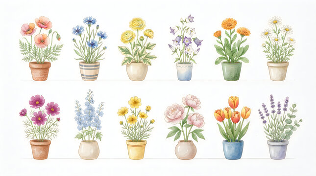A collection of twelve hand drawn watercolor illustrations featuring various colorful garden flowers planted in small decorative ceramic pots arranged in two neat horizontal rows