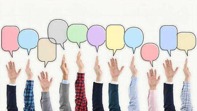 Group of people reaching up with colorful speech bubbles for collaborative communication concept, communication