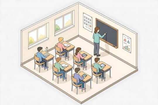 Isometric vector illustration of students and teacher in a modern interactive classroom. Clean lines educational stock design asset with pastel colors.