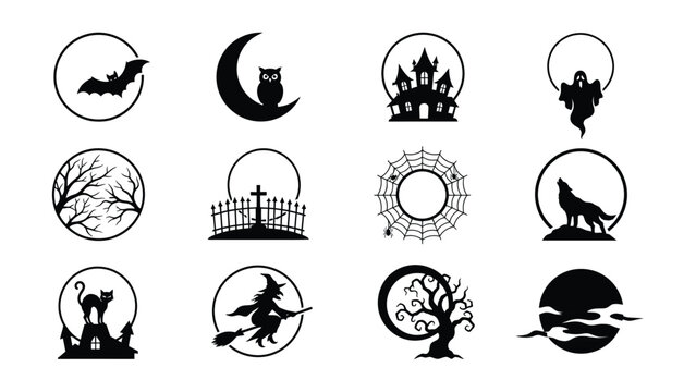 Halloween-themed black and white vector icons set