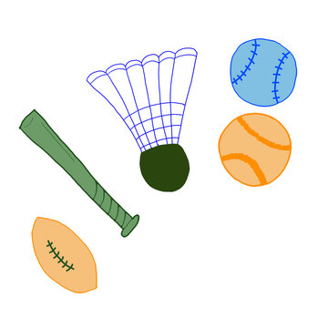 Cute hand drawn sports equipment collection on transparent background. Baseball, badminton, tennis, and football doodle set vector illustration.