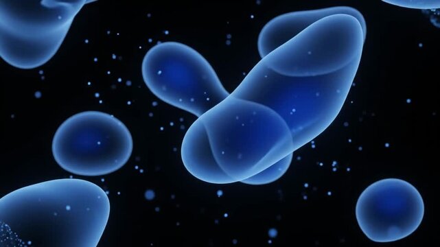 Abstract Blue Microscopic Cells Floating on Black Background