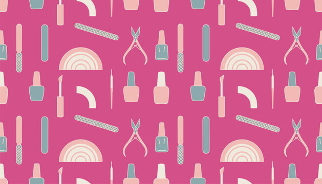 Manicure and nail care seamless pattern with tools like nail polish bottles, nail files, clippers, and buffers on a pink background.
