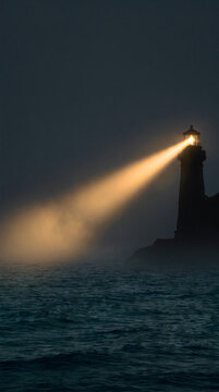 A tall lighthouse shining a bright yellow light beam across the dark night ocean