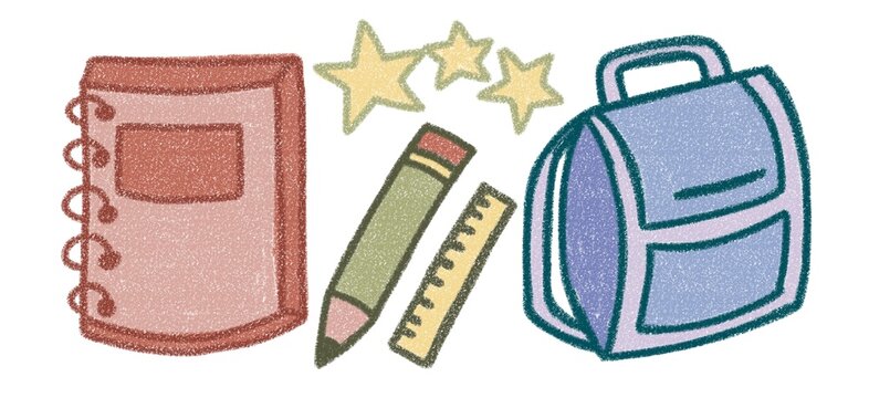 Cute hand drawn school supplies set illustration with notebook, pencil, ruler, backpack, and stars isolated on white background. Back to school stationery clip art in crayon texture style.