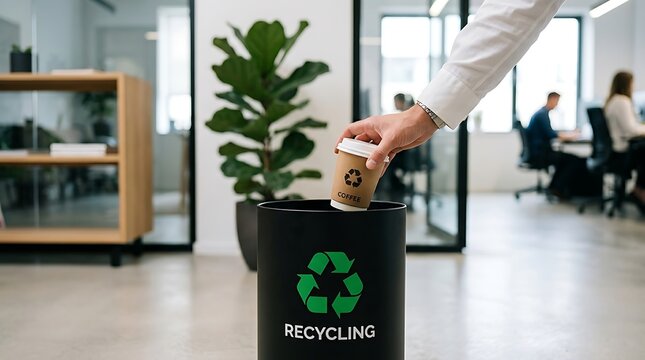 Business professional recycling paper in office. Eco-friendly worker disposing waste sustainably in modern workplace.