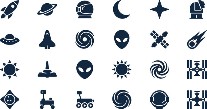 Space exploration silhouette icons set featuring flat dark blue vector elements of rocket planet alien ufo rover and astronomy objectsSpace exploration silhouette icons set featuring flat dark blue ve