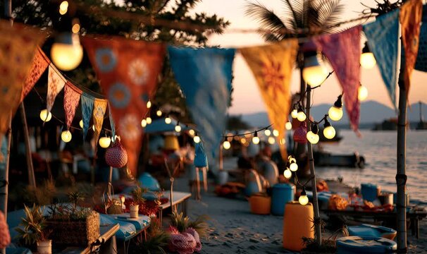Outdoor beach party on sand featuring string lights and vibrant bunting flags creating a festive atmosphere at dusk by the water