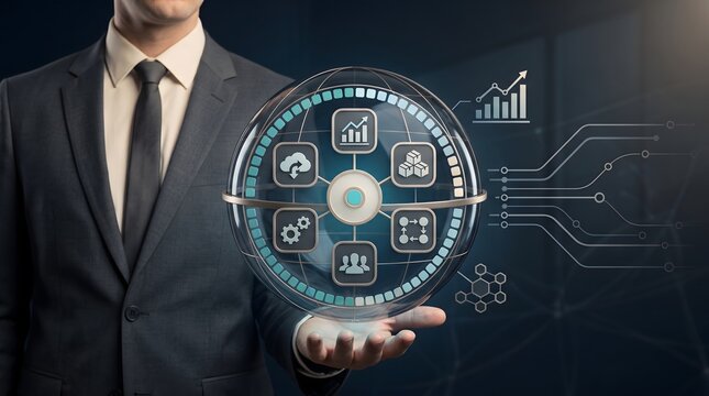 Enterprise business management ecosystem sphere held by corporate executive representing digital workflow and supply chain logistics