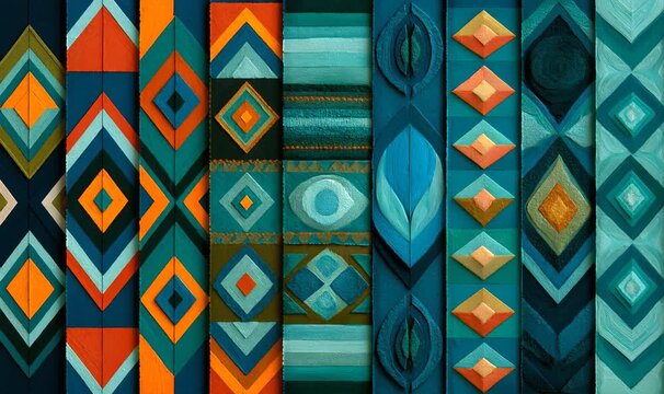 Abstract geometric pattern creating a vibrant tribal textile design. Multiple vertical panels featuring diamonds, chevrons, and organic shapes