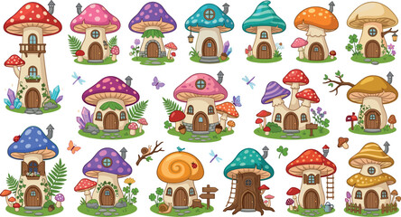 Naklejka premium Fairy mushroom houses vector illustrations set with colorful fantasy toadstool cottages goblin dwellings and magical forest village dwellings