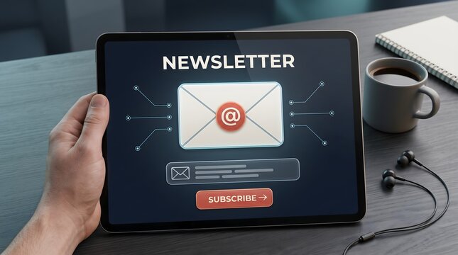 Digital marketing newsletter subscription interface on tablet screen representing email campaign strategy and audience engagement