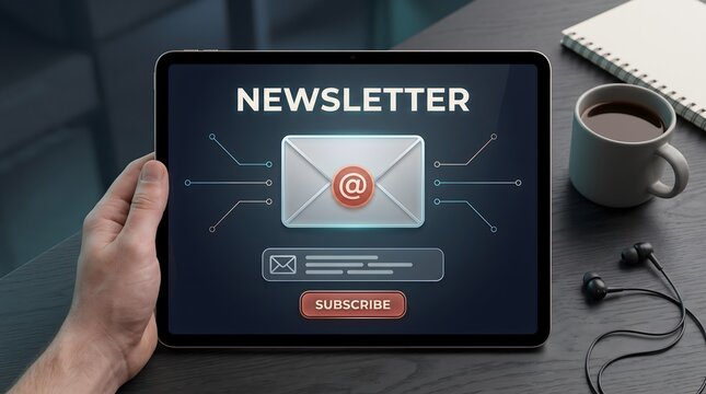 Email marketing campaign newsletter subscription form on digital tablet screen for audience engagement and corporate communication
