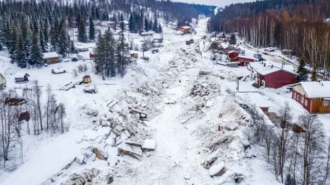 Aerial view of a devastating avalanche aftermath in a snowy village