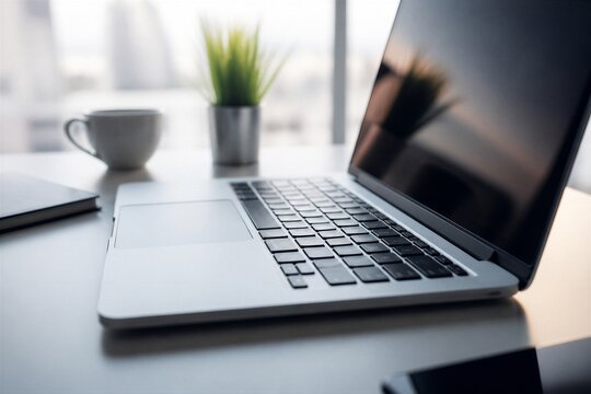 Laptop on desk with coffee and plant near window