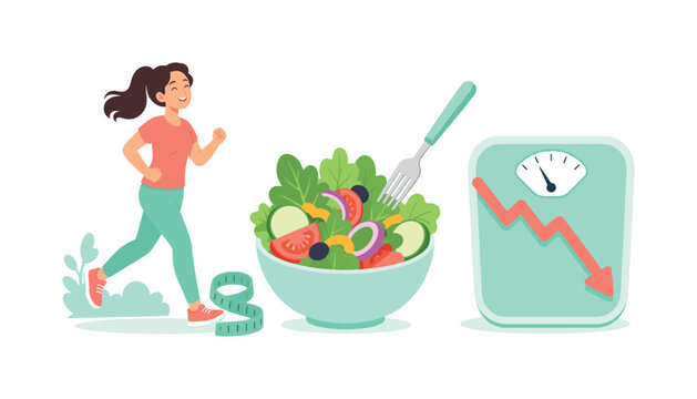 Woman running with salad and scale indicating weight loss success