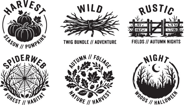 Rustic autumn harvest badges, vintage fall nature logo collection with pumpkins and foliage, 6 black and white outdoor adventure vector icons