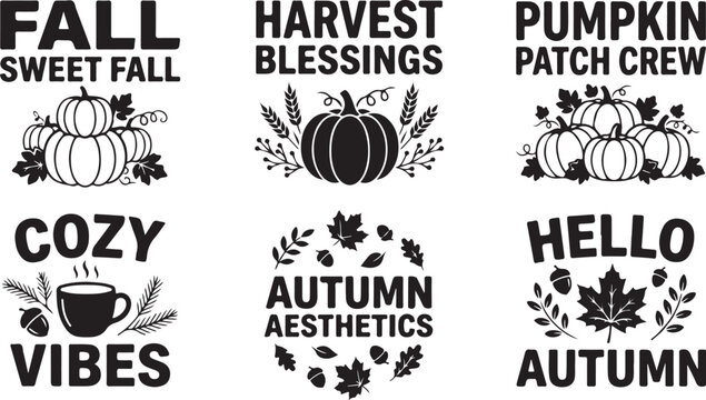 Autumn typography and pumpkin graphics set, 6 fall harvest svg designs, black and white seasonal quotes with leaves and coffee for t-shirt printing