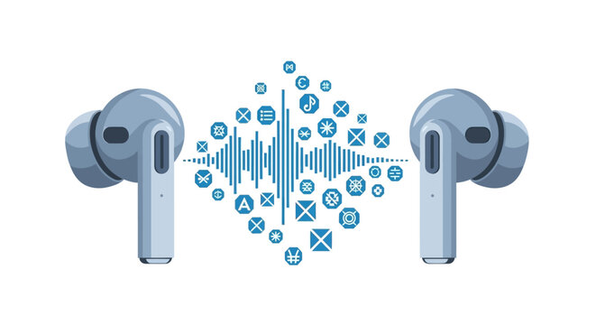 Wireless Bluetooth Earbuds with Audio Sound Wave and Data Communication Icons, Smart Translation Technology Concept Illustration