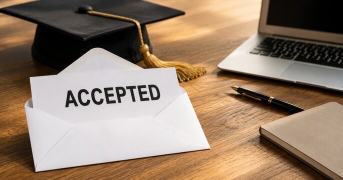 College acceptance letter in an envelope with graduation cap and laptop on a desk. University admission, higher education, academic success and student enrollment concept