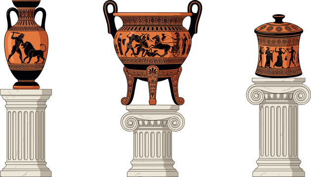 Ancient Greek Pottery Set Featuring Heracles Fighting Nemean Lion and Chariot Battle Scene on Classical Ionic Pedestal Columns Vector Illustration
