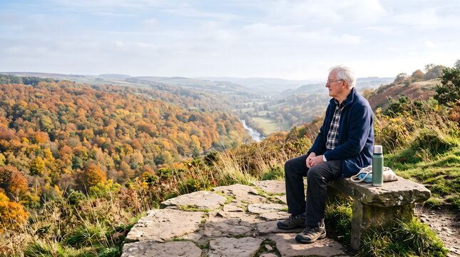 An elderly man sits on a stone bench overlooking a lush autumn valley with a thermos by his side.