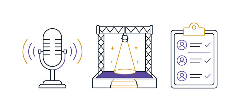 Illustration of microphone, stage, and checklist for performance or event planning