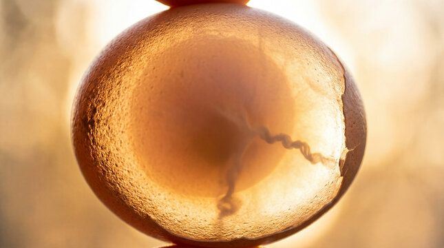 Raw chicken egg backlit by sunlight showing the yolk and chalaza structure