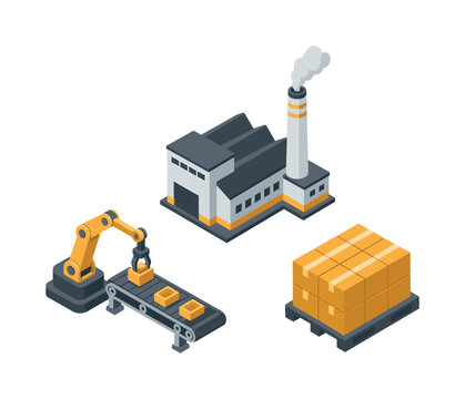 Modern factory with robotic arm, conveyor belt, and stacked cargo on a pallet