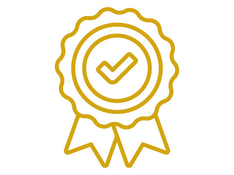 Golden award ribbon badge with checkmark icon