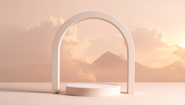 Minimalist Product Display Podium with Arch and Mountain Backdrop.