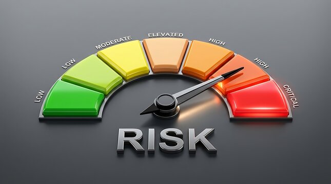 Business risk assessment with colorful gauge meter. Financial decision-making tool showing high danger level on modern dashboard.