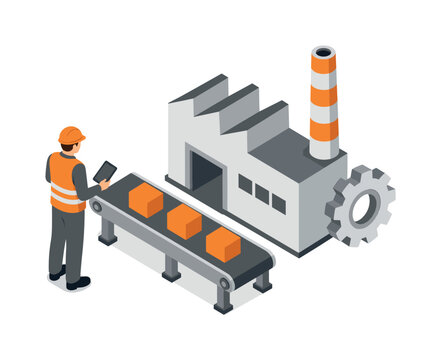 Factory worker monitors production line with tablet and conveyor belt system